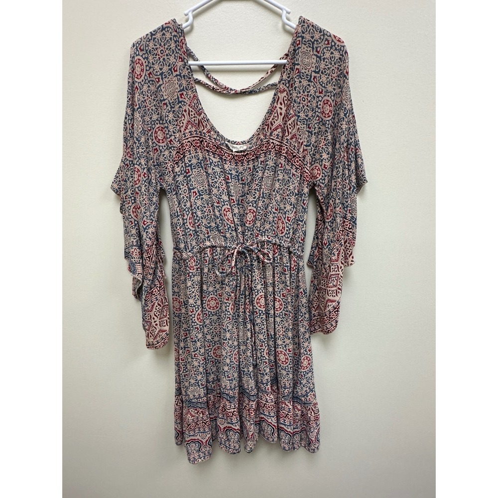 Rebellion Plus Size 1X Boho Medallion Mini Dress Red Blue Bell Sleeve Scoop Back